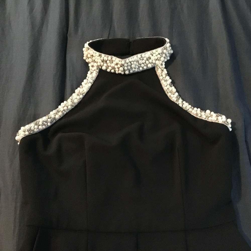 Adrianna Papell Women's Black Knit Crepe Beaded Trim Wide Leg Jumpsuit Size 4